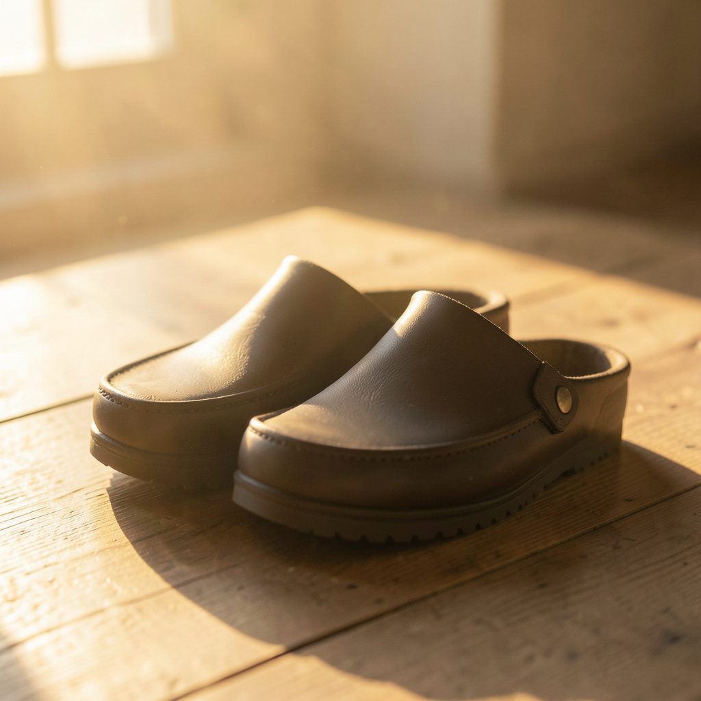 A pair of Birkenstock clogs in warm taupe suede resting on a wooden floor, illuminated by golden-hour sunlight casting long, soft shadows.