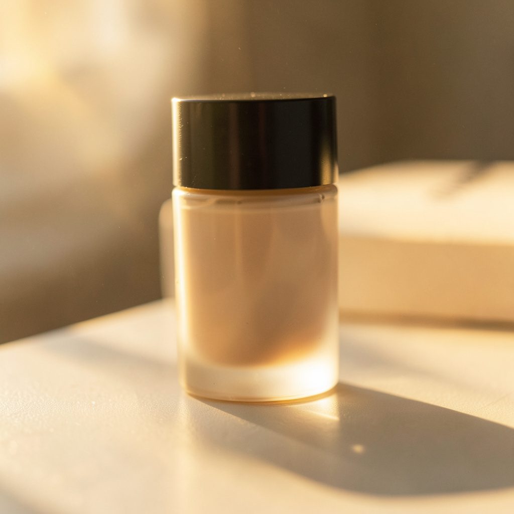 Soft natural light on a vanity with skincare bottles and a fresh flower, calm beauty routine atmosphere.