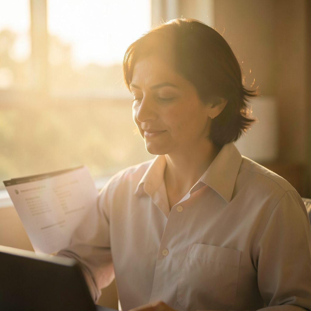 A warm golden-hour photograph of a healthcare professional reviewing patient records on a laptop, with soft natural light and muted sage-green accents.