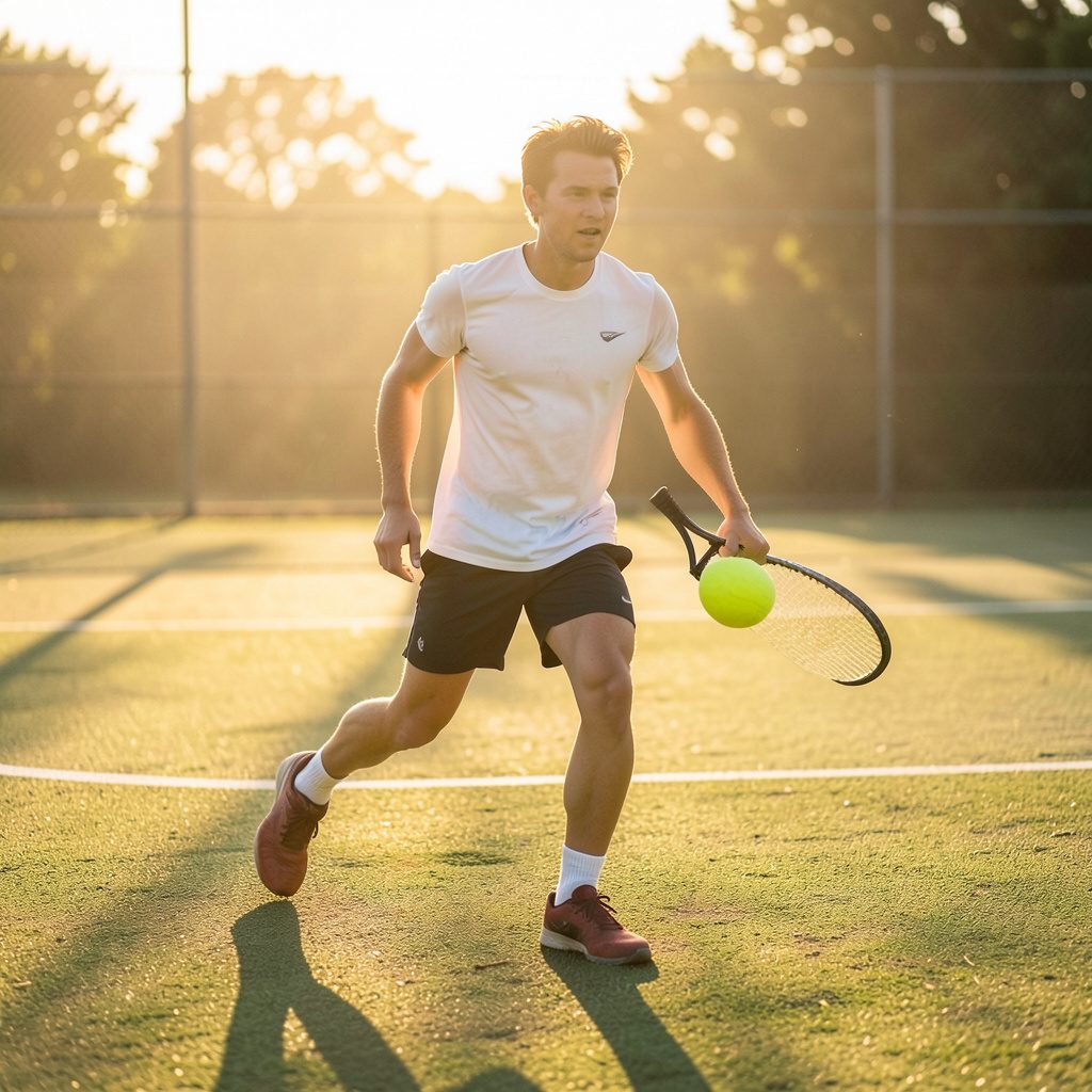 Athletic wear laid out on a sunlit wooden bench at a pickleball court, warm golden light, active lifestyle mood.