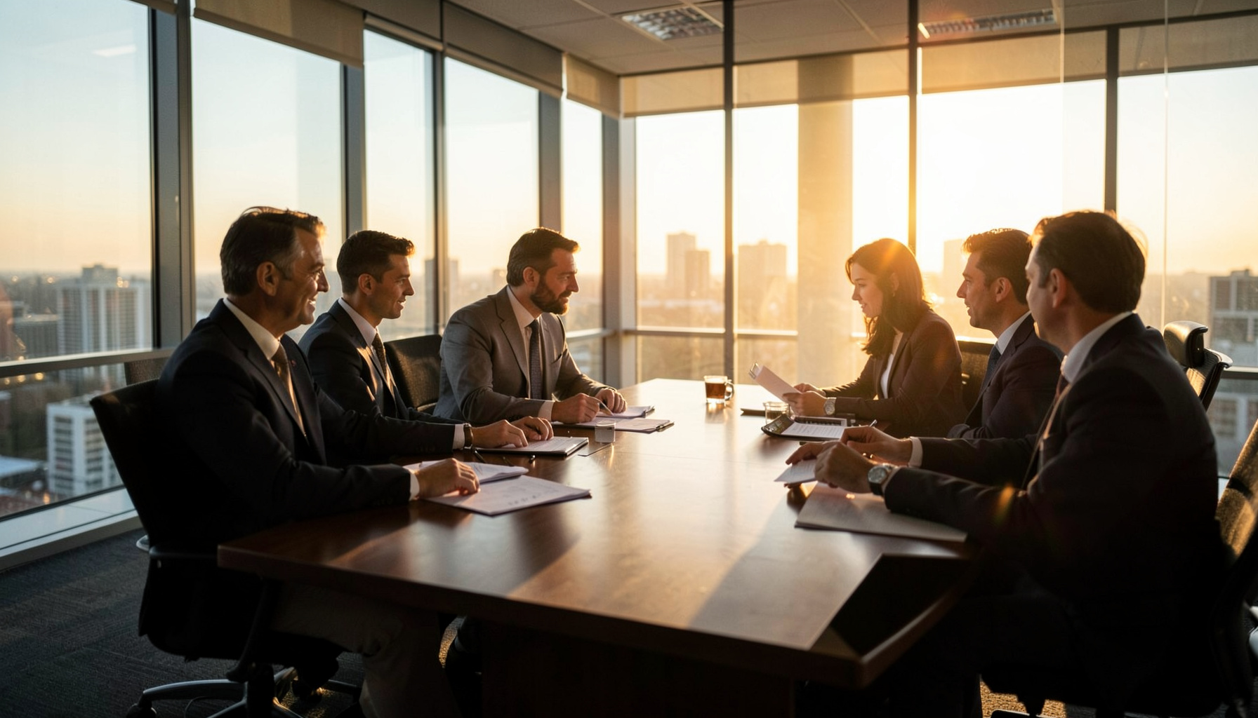 A glass-walled corporate boardroom with executives reviewing documents, golden-hour light casting long shadows across a polished table, muted grays and warm amber.